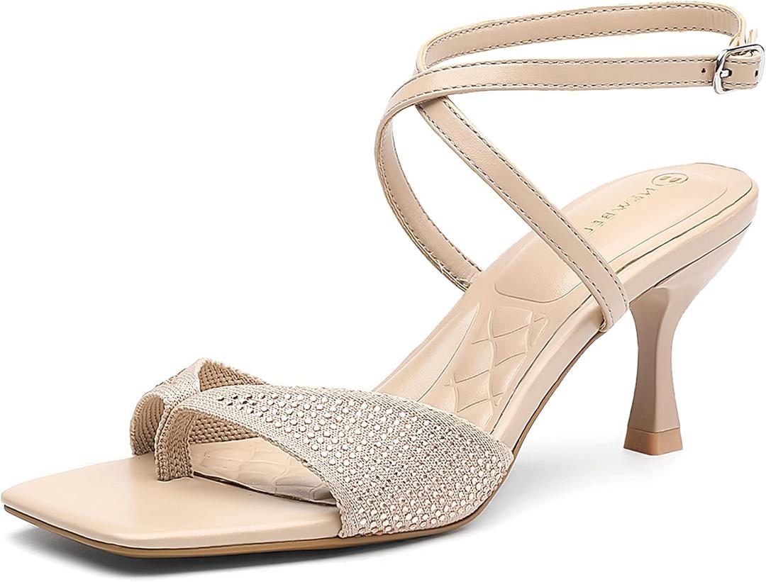 NEWBELLA MOUSSE FIT Women Square Toe Heeled Sandals, Sweet Mesh Women Heeled Sandals with Stiletto Heel for Party Wedding Dress Shoes Apricot, 7.5 (Beige)