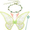 Sratte 4 Pcs Fairy Butterfly Wings for Girls Kids Princess Floral Crown Star Wand Ears Halloween Dress up Costume Accessories (Green)