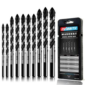 10-Piece Masonry Drill Bits Set for Tile Glass Ceramic Brick Wood, 1/8 to 1/2 Inch Drilling Bits with Triangle Handle, YG8 Tungsten Steel Alloy Tip.Black