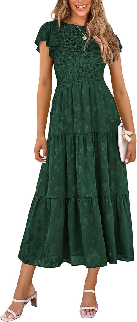 PRETTYGARDEN Midi Dresses for Women 2026 Summer Floral Cap Sleeve Smocked A Line Long Elegant Spring Wedding Guest Dress (XXL)