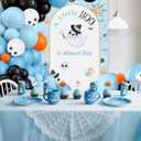 Halloween Little Boo Baby Shower Decorations for Boy A Little Boo is Almost Due Banner Blue and Black Balloons Set Blue Spider Web Party Decor Ghost Halloween Party Decorations