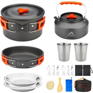 17pcs Camping Cookware Kit, 0.45Gal Pot, 7inches Pan,0.30Gal Kettle Set with 2 Set Stainless Steel Cups Plates Forks Knives Spoons for Hiking