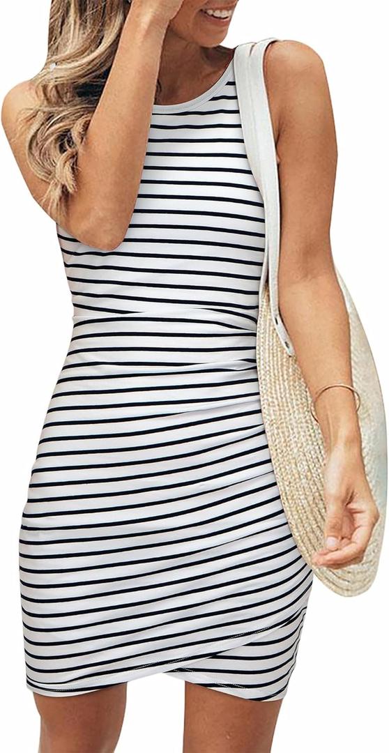 BTFBM Women Summer Dresses 2026 Sleeveless Tank Ruched Bodycon Sundresses for Women Party Beach Mini Casual Spring Dress (M)