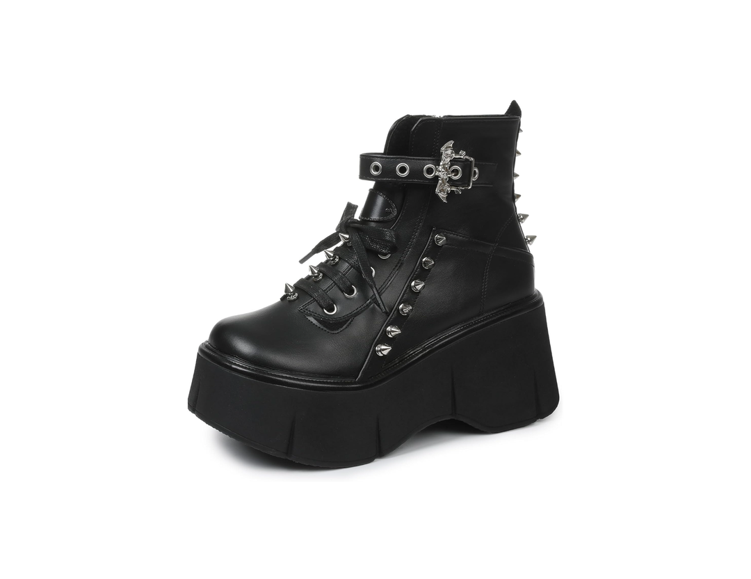 Women Black Platform Boots Wedge Goth Round Toe Lace Up Chunky Heel Studded Combat Zip Buckle Ankle Shoes, 43