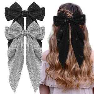 2Pcs Glitter Hair Big Bows for Women Sequin Hair Bows Clips Sparkly Bowknot Style Barrettes Long Tail Hair Accessories (Black&Silver)
