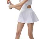 Womens One Piece Built-in Bra & Shorts Pockets Sleeveless Athletic Golf Tennis Dress Gym Workout Dress (White, S)