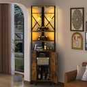 6-Tier Corner Bar Cabinet with Power Outlet & LED Light, Industrial Wine Cabinet w/Glass Holder & 2 Flexible Hooks, Farmhouse Liquor Cabinet with Door for Small Space, Kitchen, Rustic Brown
