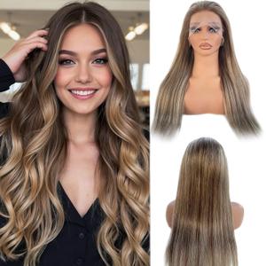 Chocolate Brown with Ash Blonde Highlight Lace Front Wig Human Hair, 13x4 HD Lace Frontal Real Human Hair Wig for White Women Pre Plucked Straight 180% Density Brazilian Remy Glueless Wigs 16 Inch