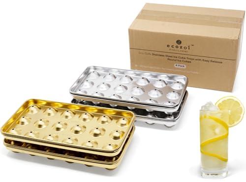 Stainless Steel Ice Cube Trays, 4 Pack with 72 Round Ice Cube Slots - Easy Release, Plastic-Free, Zero Waste