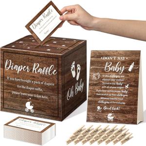 Funrous Diaper Raffle Tickets with Diaper Raffle Card Box Baby Shower Game Supplies Don't Say Baby Sign Mini Clothespins Game Decor for Gender Reveal Party Favors(Wood Grain)