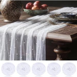 White 10 Pcs Pearl Gauze Table Runner 120 Inch 10ft Pearl Sheer Tulle Table Cloth Centerpieces for Home Wedding Birthday Bridal Baby Shower Party Favor Holiday Dining Decorations