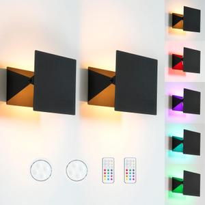 HEQIQEH Modern Style Battery Operated RGB Wall Sconces Adjustable LED Cube Indoor Up and Down Wall Lamp with Remote Control, Dimmable Wall Lighting Fixtures for Bedroom, Hallway, Living Room 2-Pack,