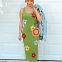 ZESICA Women's Summer Knit Bodycon Midi Dress 2026 Sleeveless Floral Crewneck Color Block Long Beach Party Dresses (L)