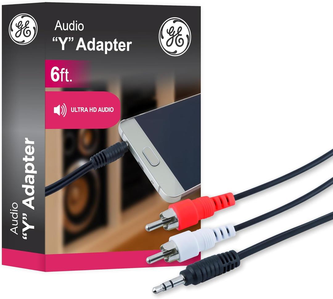 GE Audio Y Adapter Cable, 6 Feet, 3.5mm Male to RCA Male, Works with All Brands, Smart Phones, Stereo, Computer, Black, 33568