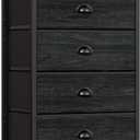 Furnulem Black Dresser with 5 Drawers, Vertical Storage Tower Fabric Dresser for Bedroom, Hallway, Entryway, Nursery, Closet Organizer, Nightstand Bedside Table Furniture, Sturdy Steel Frame, Wood Top