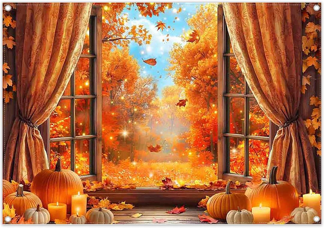 Swepuck 7x5ft Fabric Fall Window Backdrop Vintage Curtains Autumn Fallen Maple Leaves Forest Harvest Pumpkin Photography Background Thanksgiving Party Decor Photo Props
