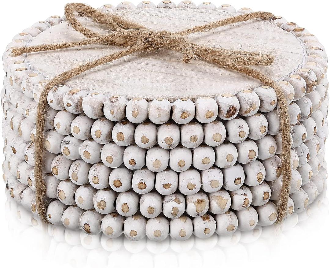 Honeydak 6 Pcs Beaded Wood Coasters Farmhouse Coasters Rustic Round Beaded 3.94 Inches Boho Home Wood for Drinks Bar Coffee Table Top Home Kitchen Housewarming Wedding Gift Decor(White)