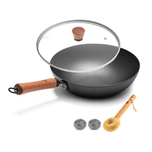 WANGYUANJI Carbon Steel Wok Pan 11 Inch  Round Bottom Traditional Pow Wok (Requires Gas Stove & Wok Ring)  No Coating Hand Hammered Stir Fry Pan with Lid & Detachable Handle