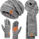 Winter Beanie Hat Scarf Gloves Set for Women, Slouchy Beanie Long Scarf Touchscreen Gloves, Warm 3 in 1 Christmas Gift Set (Multicolor-04)