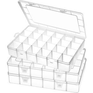 Gbivbe Large 24 Grids Plastic Organizer Box Adjustable Dividers,Clear Storage Box for Jewelry, Art DIY Crafts, Washi Tapes, Beads and Small Parts(3 Pack)