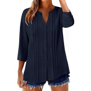 Micoson Womens 3/4 Sleeve Tops Cotton Linen Button Down Shirts V Neck Pleated Casual Loose Blouses Roll Up Sleeve Shirt (XX-Large, 1-navy Blue)