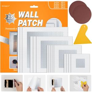 Wall Patch Kit, 15 Pieces Aluminum Self-Adhesive Mesh Repair Patches for Drywall, Multiple Sizes 2/4/6/8 Inch, Permanently Repair Walls and Ceilings