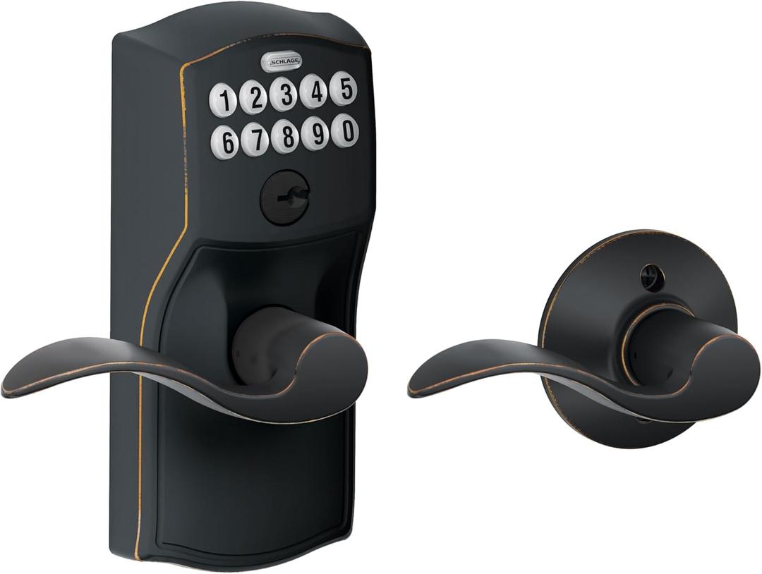 Schlage Camelot Keypad Lock with Lever Handle, Electronic Keyless Door Entry, AutoLock Enabled, Aged Bronze, FE575 CAM 716 ACC