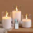 Eywamage Clear Glass Flameless Candles with Remote Timer, Flickering Battery LED Pillar Candles Set of 3
