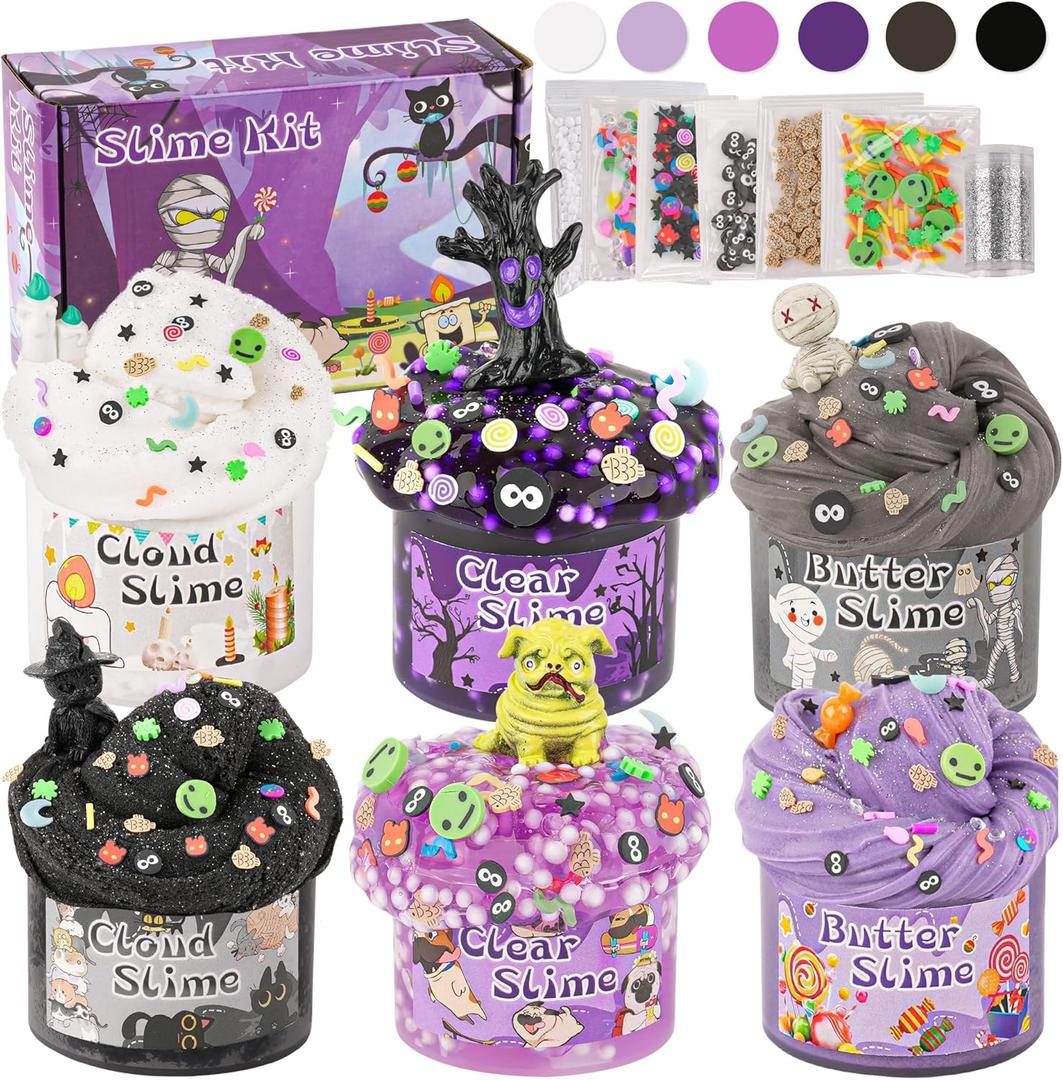 LAWOHO 6 Packs Purple Black Slime Kit - Cloud, Butter & Clear Slime, Slime kit for Girls Ages 8-12, Kids Slime Goodie Bag Stuffers for Birthday Halloween Party Favors Christmas Easter Gifts