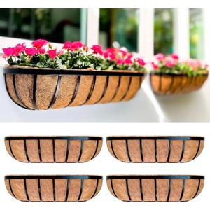 LaLaGreen Fence Planters for Outdoor Plants (4 Pack, 24 Inch) Black Metal Window Boxes Planter To Attach To House, Wall Mounted Flower Coco Baskets Outside Deck Railing Balcony Garden Porch Patio Rail