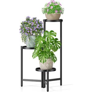 3 Tier Large Plant Stand Indoor with 7.9 Inch Wide Tray, Tiered Corner Metal Outdoor Flower Holder Stand, Folding Tall Rack for Display Shelf for Patio Porch Balcony - BlackDisk