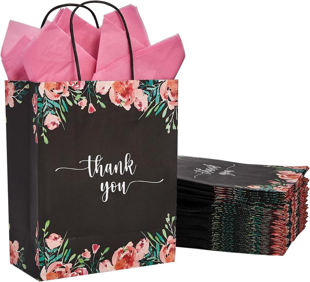 DjinnGlory 50 Pack Medium-Sized Floral Thank You Paper Gift Bags with Handles and Pink Tissue Paper for Boutiques, Weddings, Birthday Parties, 10x8x4 Inch (Black)
