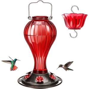 Kingsyard Glass Hummingbird Feeder 24 Ounces, 6 Feeding Ports, Hanging Bird Nectar Feeder for Outdoors Garden Yard Dcor, Ant Moat Included, Red