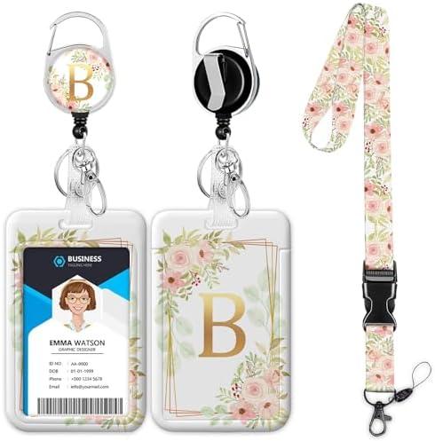 Letter B Lanyards for ID Badges,Floral Badge Holder with Lanyard Badge Reel Retractable Keychain ID Name Tag Work Badge Clip for Teacher Women Work Office, Pack of 2 