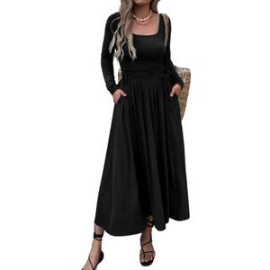 Mieazom Womens Long Sleeve Square Neck Maxi Dress Adjustable Waist Tie Casual Flowy A-Line Pleated Dresses with Pockets, Black, XL