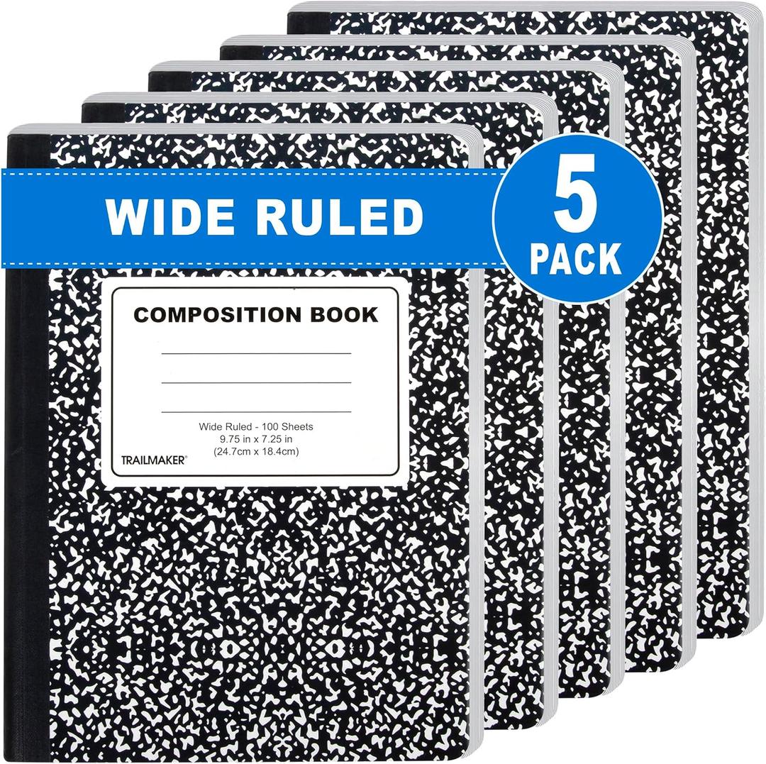 Trail maker 5 Pack Composition Notebooks, Wide Ruled Marble Cover, 200 Pages (100 Sheets), 9.75 x 7.25, Bulk School Supplies for Classroom, Office & School Donations