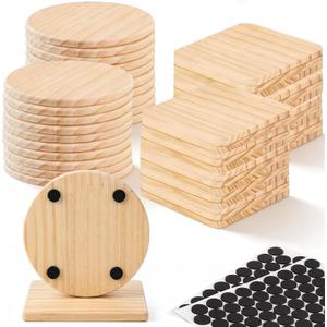 66/120 Pcs Wood Coasters for Crafts, Unfinished Pine Wood Coaster Blanks 4 Inch Round & Square with Non Slip Pads for DIY Painting, Laser Engraving, Craft Projects (66 Pcs)