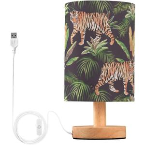 SPRIPORT Jungle Tigers Bedside Table Lamp for Bedroom Nightstand Lamp with Wood Base & Round Flaxen Fabric Shade Desk Reading Lamp for Living Room Home Office Dorm Working Reading