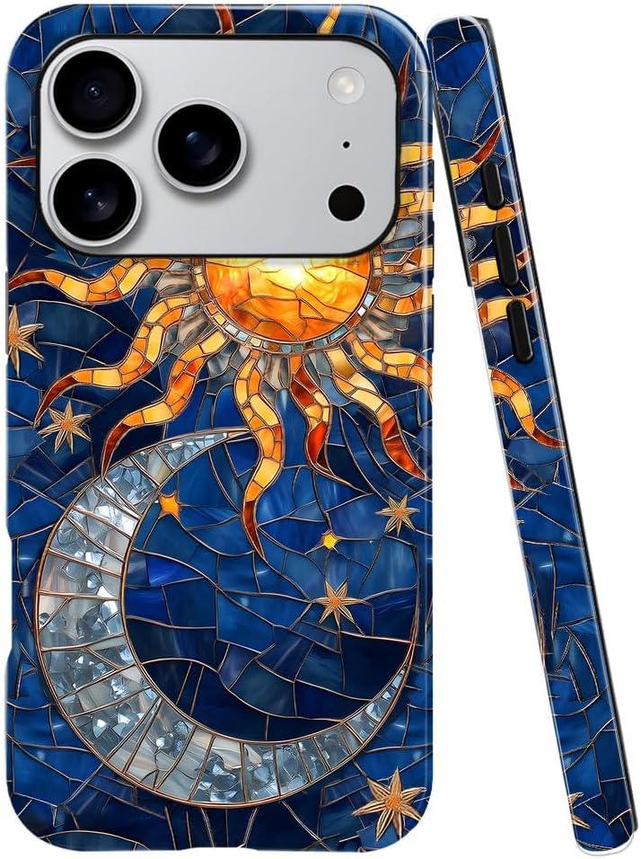 Case for iPhone 17 Pro,Fits Glossy Case Design for Girl Women,Celestial Stained Glass Sun Moon Star Blue