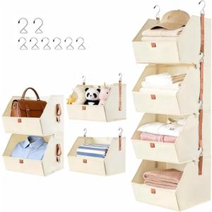 4 Tier Hanging Closet Organizer,Disassemblable Clothes Hanging Shelves,Fabric Closet Organizer System for Space-Saving,Foldable Storage Basket for Bedroom, Rv (1 Pack,Beige)