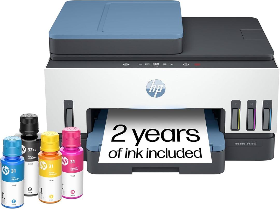 HP Smart Tank 7602 Wireless All-in-One Ink Tank Printer, Scanner, Copier with 2 Years of Ink Included, Best-for-Home Office, Cartridge-Free Refillable, AI-Enabled (28B98A)