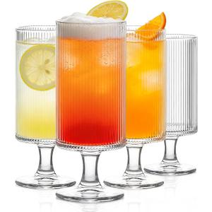INSETLAN Set of 4 Ribbed Glass Goblets  12oz Vertical Stripe Stemmed Glassware for Cocktails, Wine, and Beverages  Elegant Durable Glass Cups for Parties, Weddings, and Everyday Use