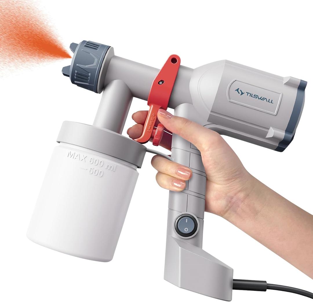 Tilswall Paint Sprayer, Ultra-Light Electric Paint Spray Gun with 600ml Detachable Cup, 2 Nozzles & 3 Patterns - Perfect for Fences, Sheds, Walls, Ceilings, Furniture, Cabinets, Garden & DIY, White