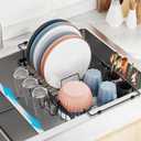 iSPECLE Expandable in Sink Dish Drying Rack with Cup Holder - Rust Resistant Adjustable Over The Sink Dish Drainer with Tightening Knob, Arms with Non Slip Rubber, Fits Sink 12.4"-17.1", Black