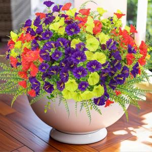 2 x Fake Silk Flowers Ferns Outdoor,12Bundles Morning Glory Artificial Faux Flowers with Fake Plants,UV Resistant Realistic for Spring Summer Window Box Garden Decor