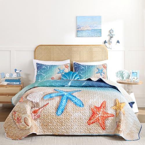 weigelia Coastal Quilt Set King Size – 3 Piece Lightweight Beach Themed Bedding, Soft & Breathable Polyester Coverlet, All Season Quilts & Bedspread for Bedroom Décor