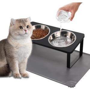 Upgraded Elevated Cat Bowls with Food Mat,15Tilted Stand Anti Vomiting Raised Cat Dishes for Food and Water,2 Stainless Steel Bowls for Cats and Puppy Black