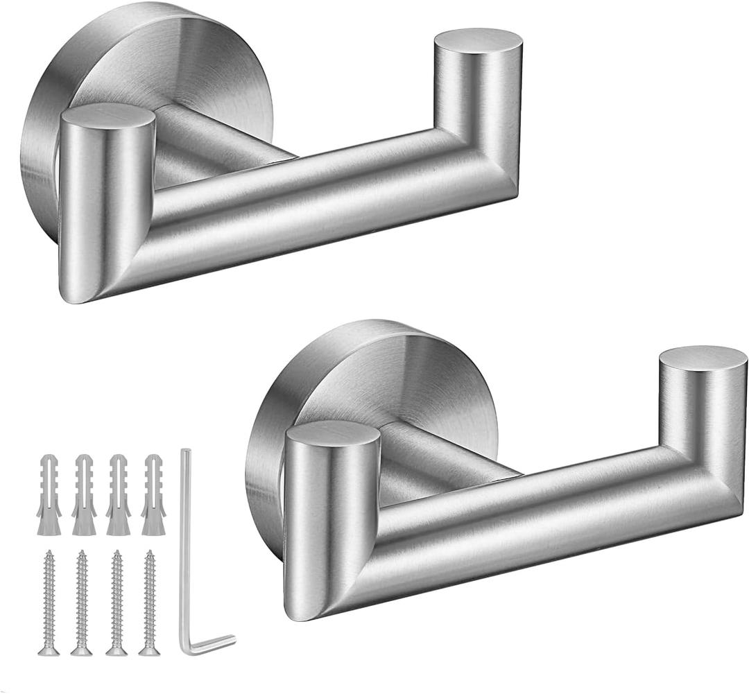 Towel Hooks for Bathrooms,Brushed Nickel Towel Hook for Kitchen Bathroom,SUS304 Stainless Steel Coat Hook,Heavy Duty Double Holder Robe Hooks for Hanging Towels,Coats,Sponges,Clothes,Wall Mount,2 Pack
