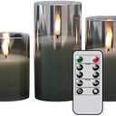 Eldnacele Glass Flameless Flickering LED Candles with Remote & Timer - 3D Wick Battery Operated Pillar Set of 3 Black Glass Candles - Warm Light (D3' x H4' - 6')