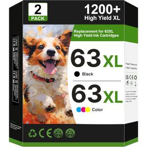 63XL Ink Cartridges Black and Color Replacement for HP Ink 63 for HP 63XL Ink Cartridge Combo Pack Work for OfficeJet 3830 4650 5255 5258 5200; Envy 4520 4512 4510; DeskJet 1112 2130 3630 (2 Pack)